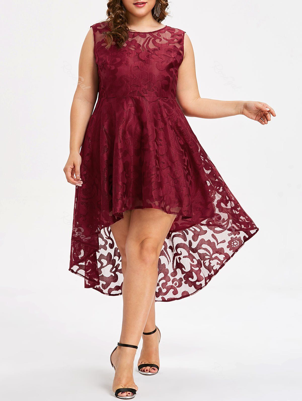 [50 OFF] Plus Size High Low Lace Dress Rosegal