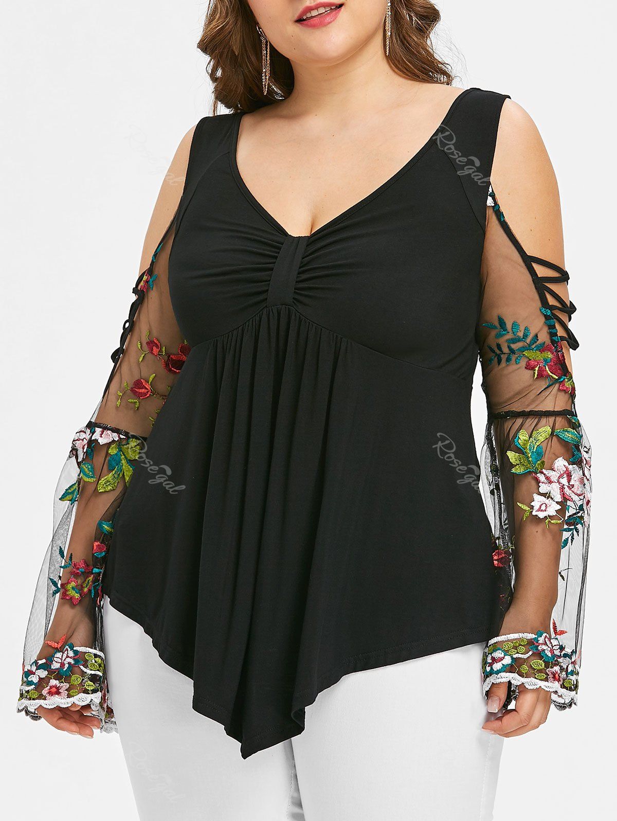 

Plus Size V Neck Bell Sleeve Blouse, Black