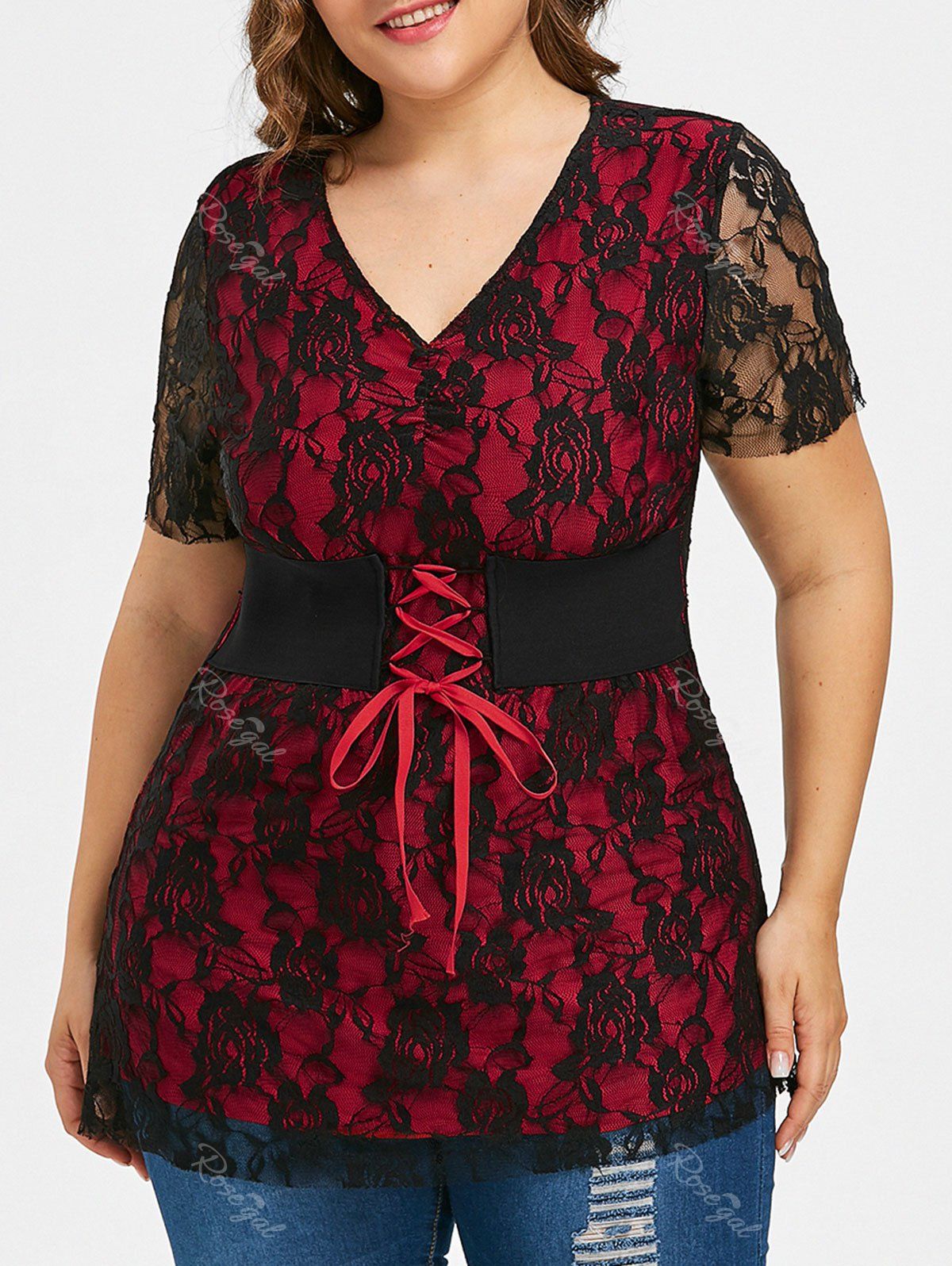 

Lace Up Corset Plus Size Lace T-shirt, Fire engine red
