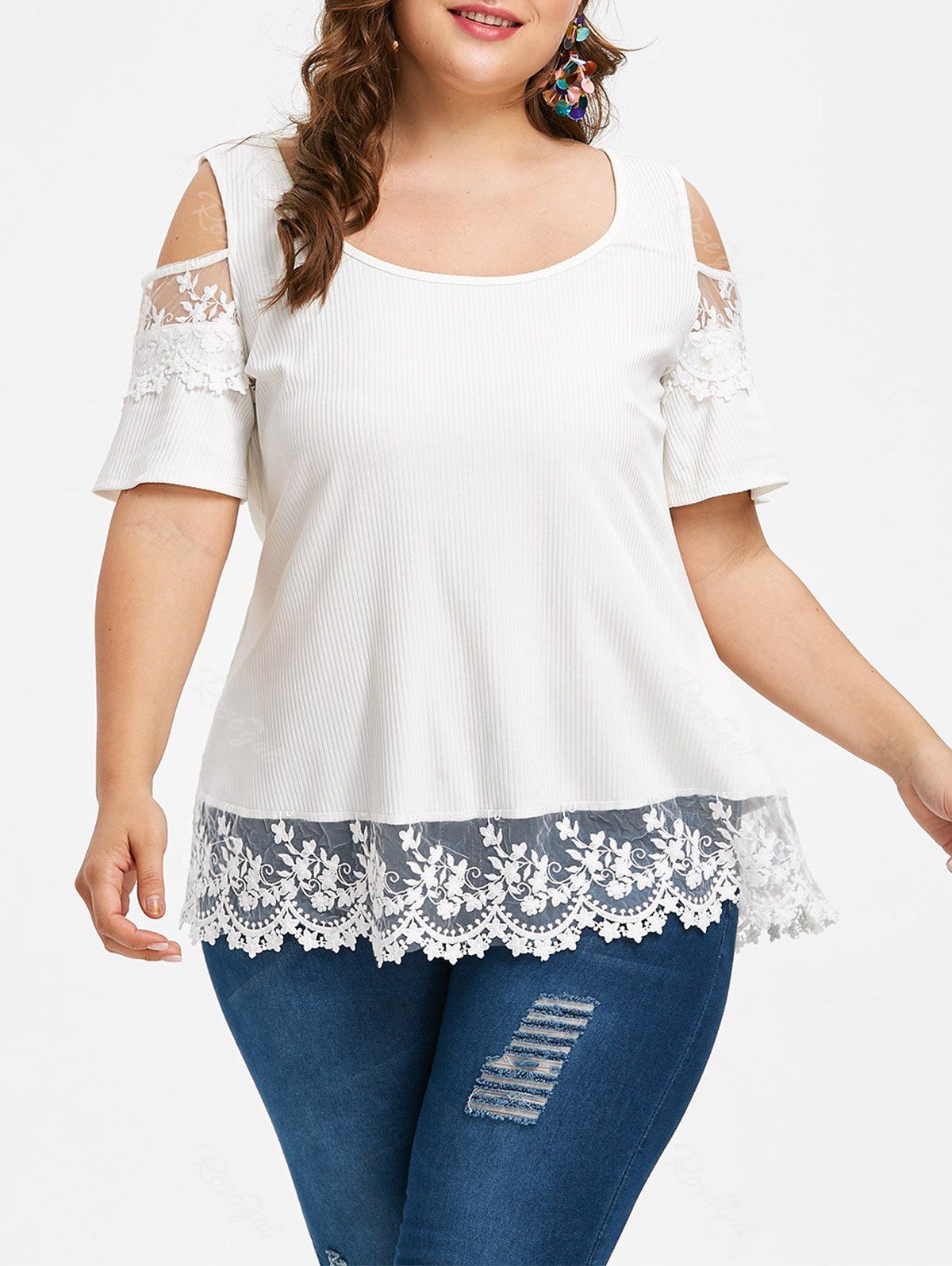 

Plus Size Lace Trim Ribbed T-shirt, White