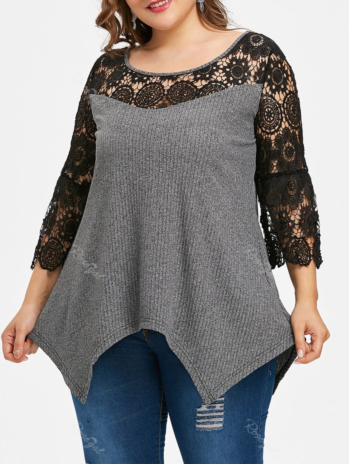 

Plus Size Lace Trim Ribbed T-shirt, Gray