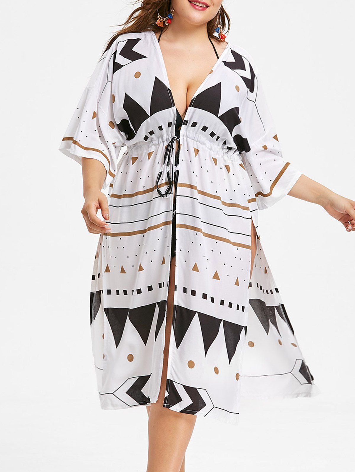 

Side Slit Plus Size Geometric Pattern Cover Up, White