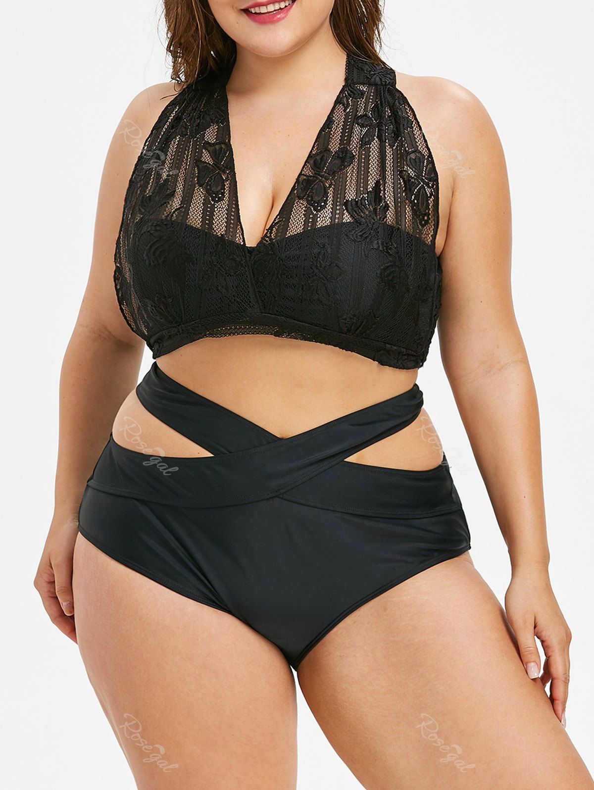 

Lace Plus Size Criss Cross Bikini Set, Black