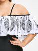 Plus Size Feather Print Flounce Swimsuit -  