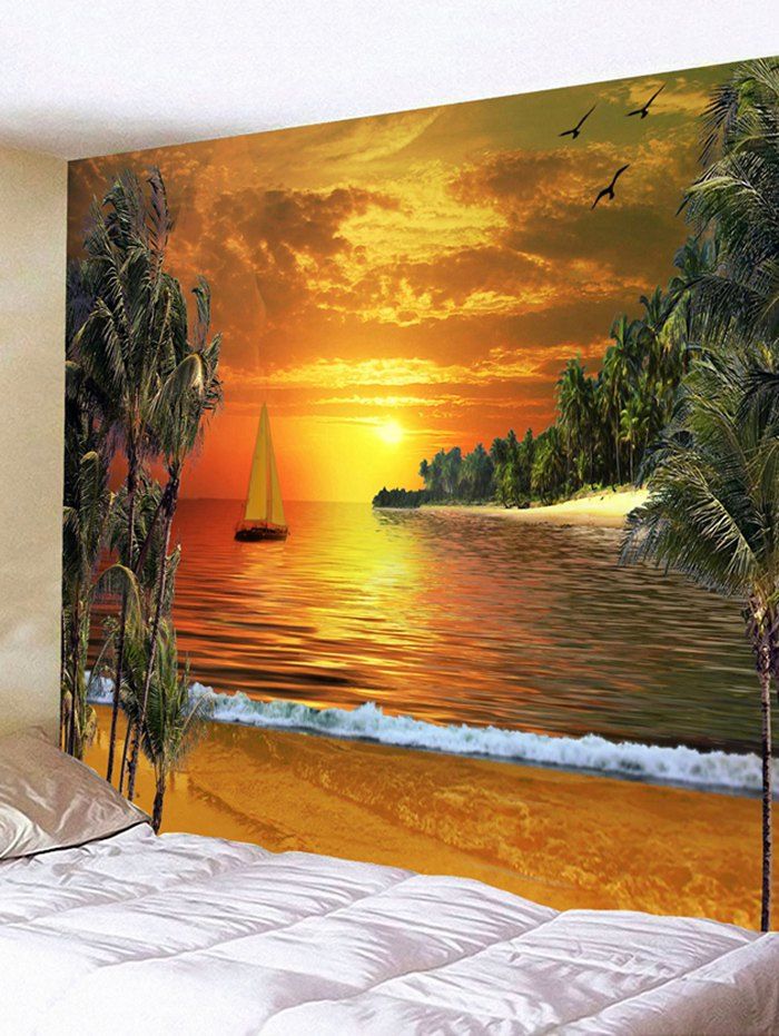 [51 OFF] Sunset Beach Landscape Pattern Wall Art Tapestry Rosegal