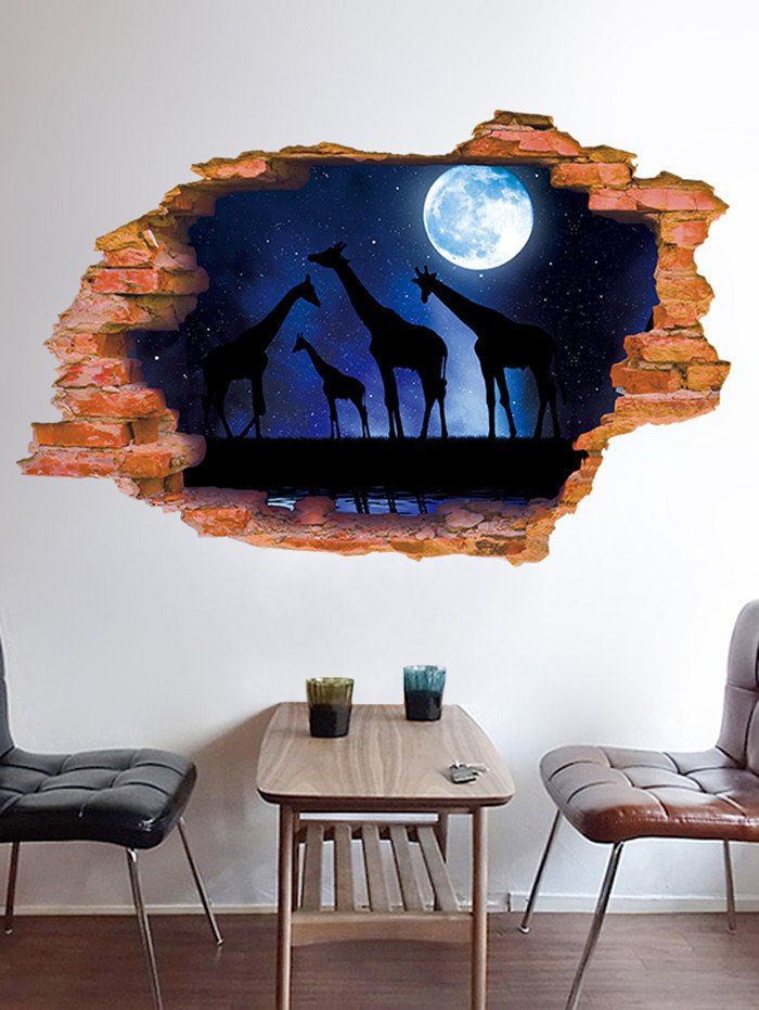

Moon Night Giraffes Pattern Broken Wall Sticker for Living Room, Denim dark blue