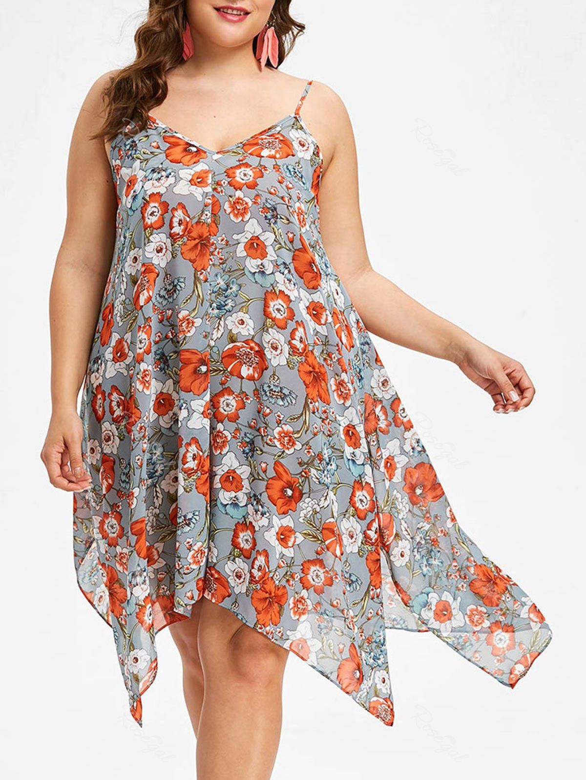 

Plus Size Flower Handkerchief Dress, Macaw blue green