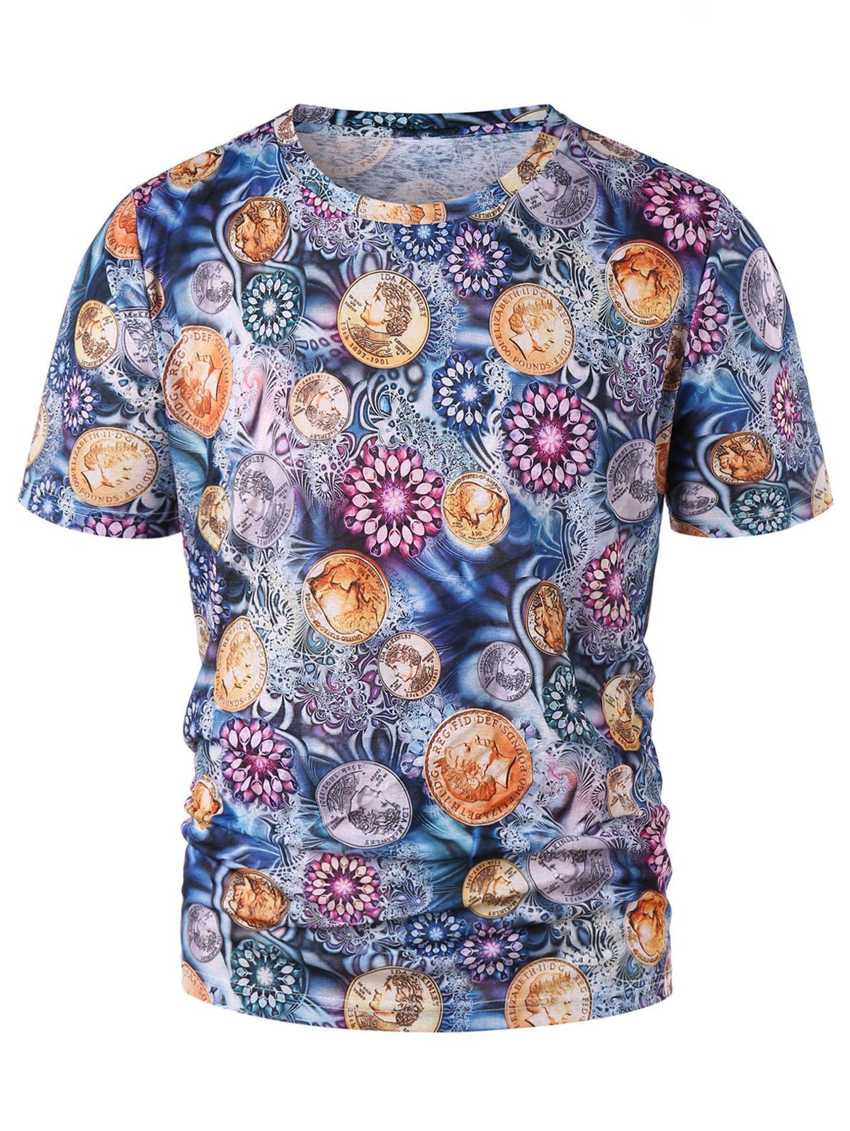 

Crew Neck Floral Coin 3D Print T-shirt, Multi