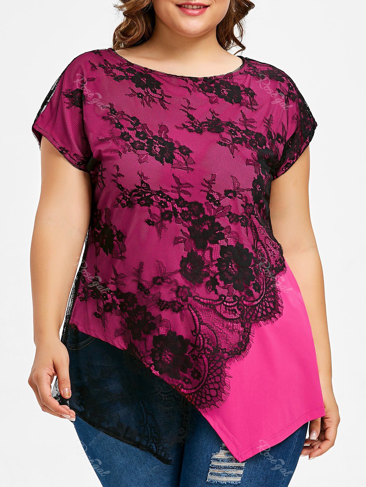 

Plus Size Lace Overlay Asymmetrical T-shirt, Rose red