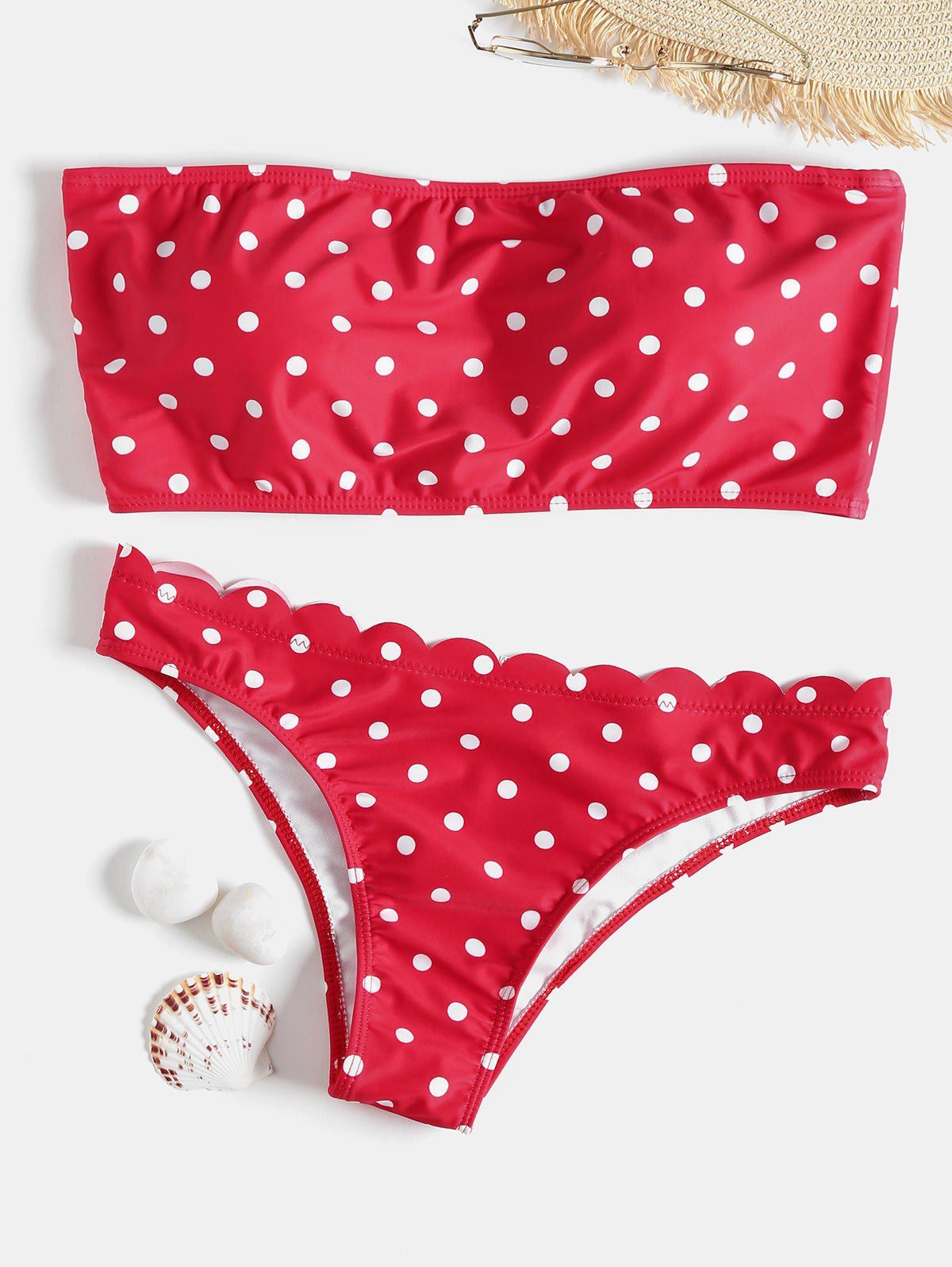 

Bandeau Polka Dot Scalloped Bikini, Red