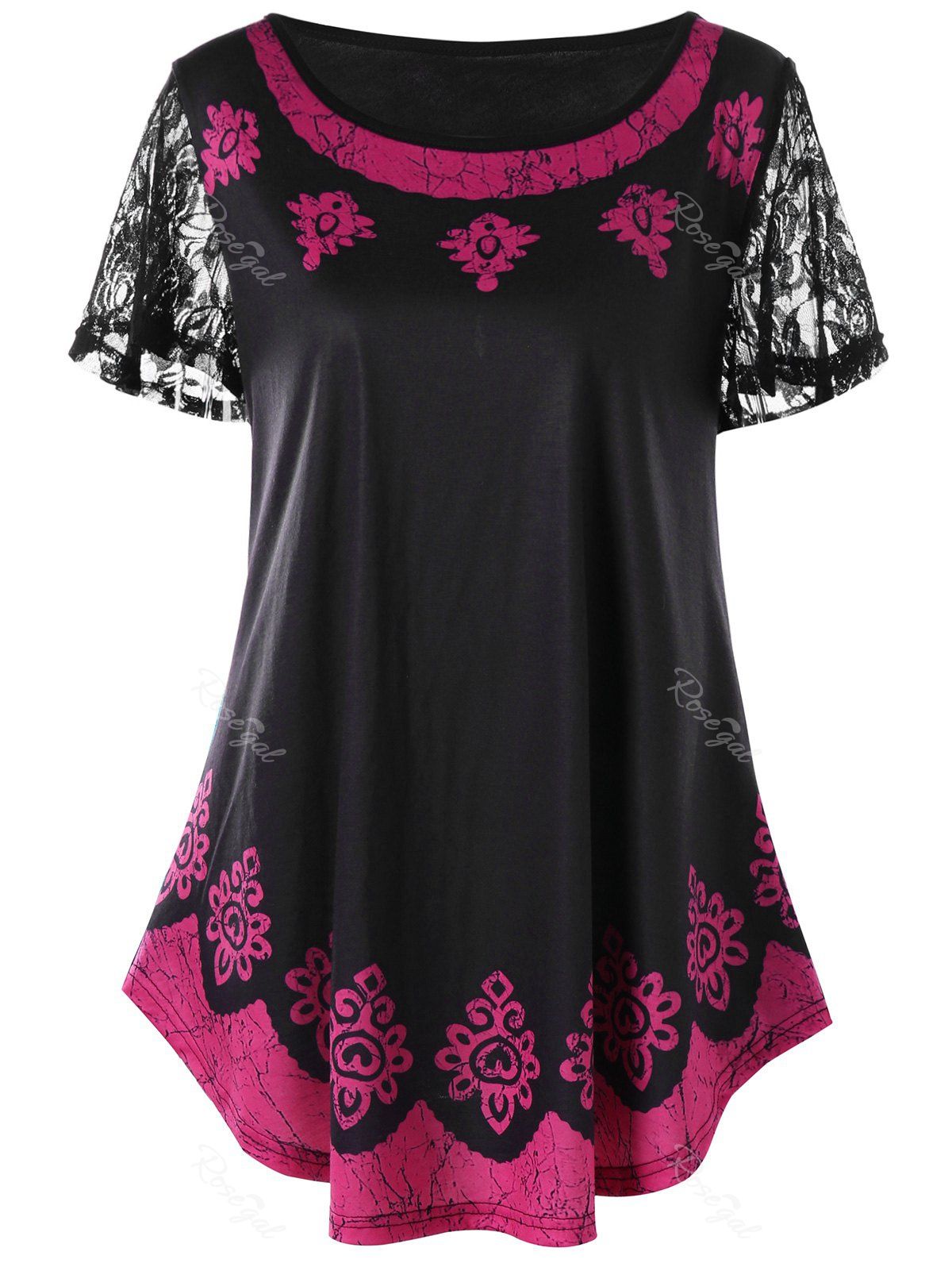 

Plus Size Lace Trim Contrast Print T-shirt, Black