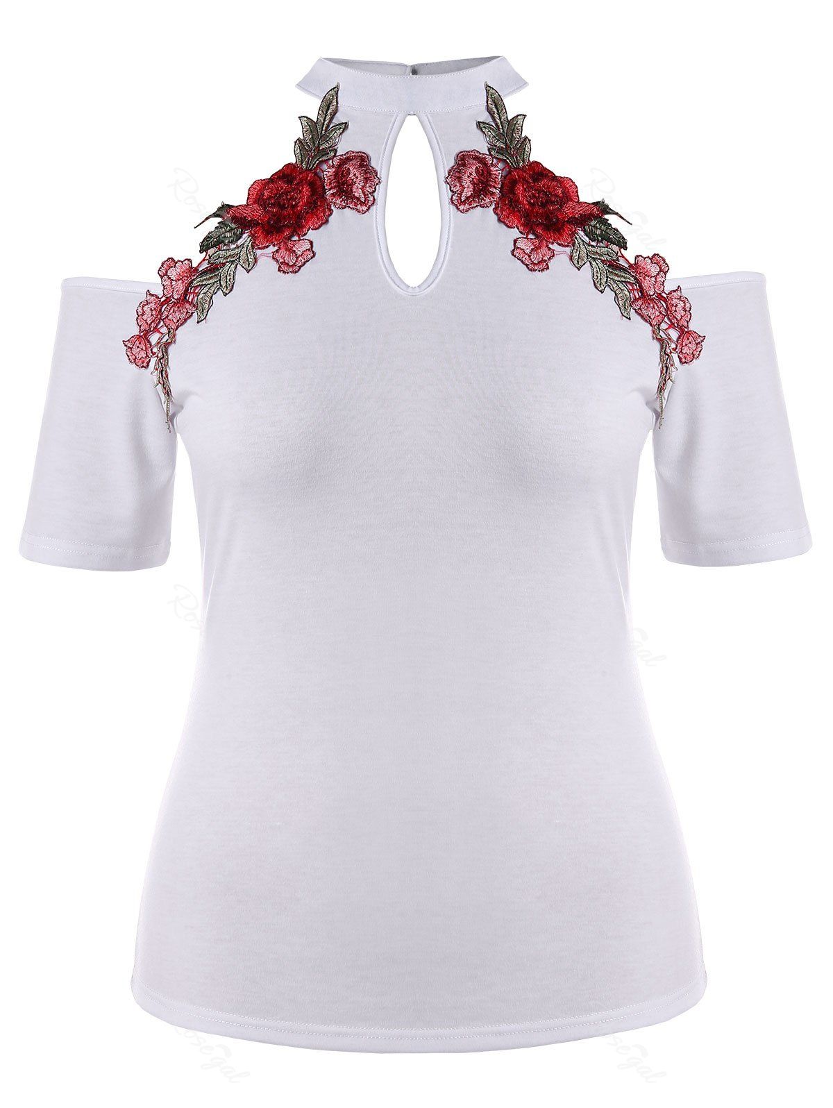 

Plus Size Open Shoulder Embroidery T-shirt, White