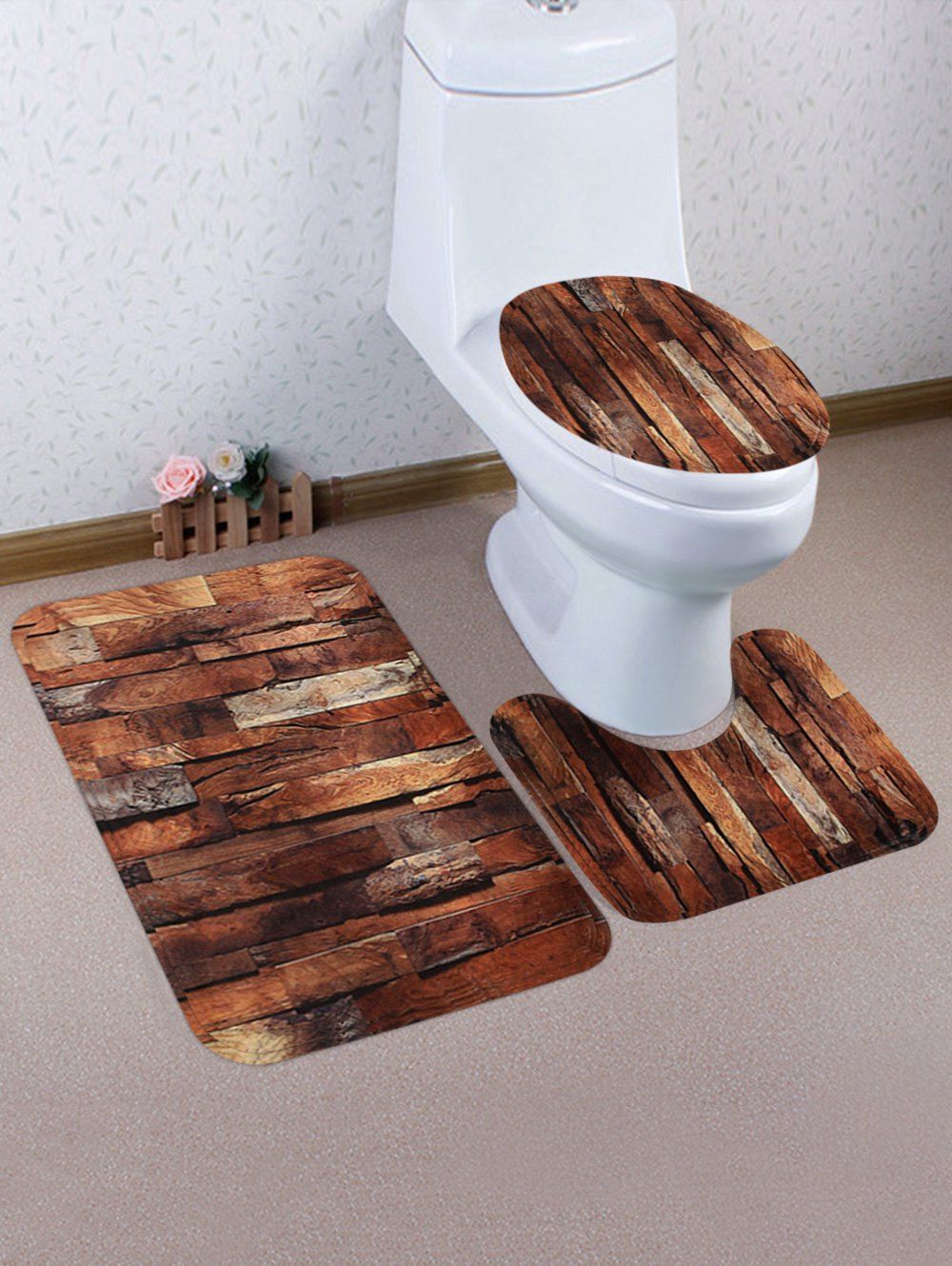 

Brown Wood Planks Toilet Rug Set 3Pcs