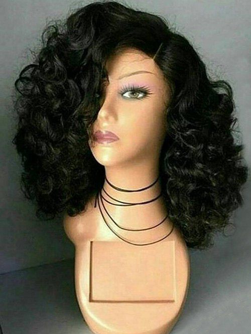 

Medium Side Parting Fluffy Curly Synthetic Wig, Black