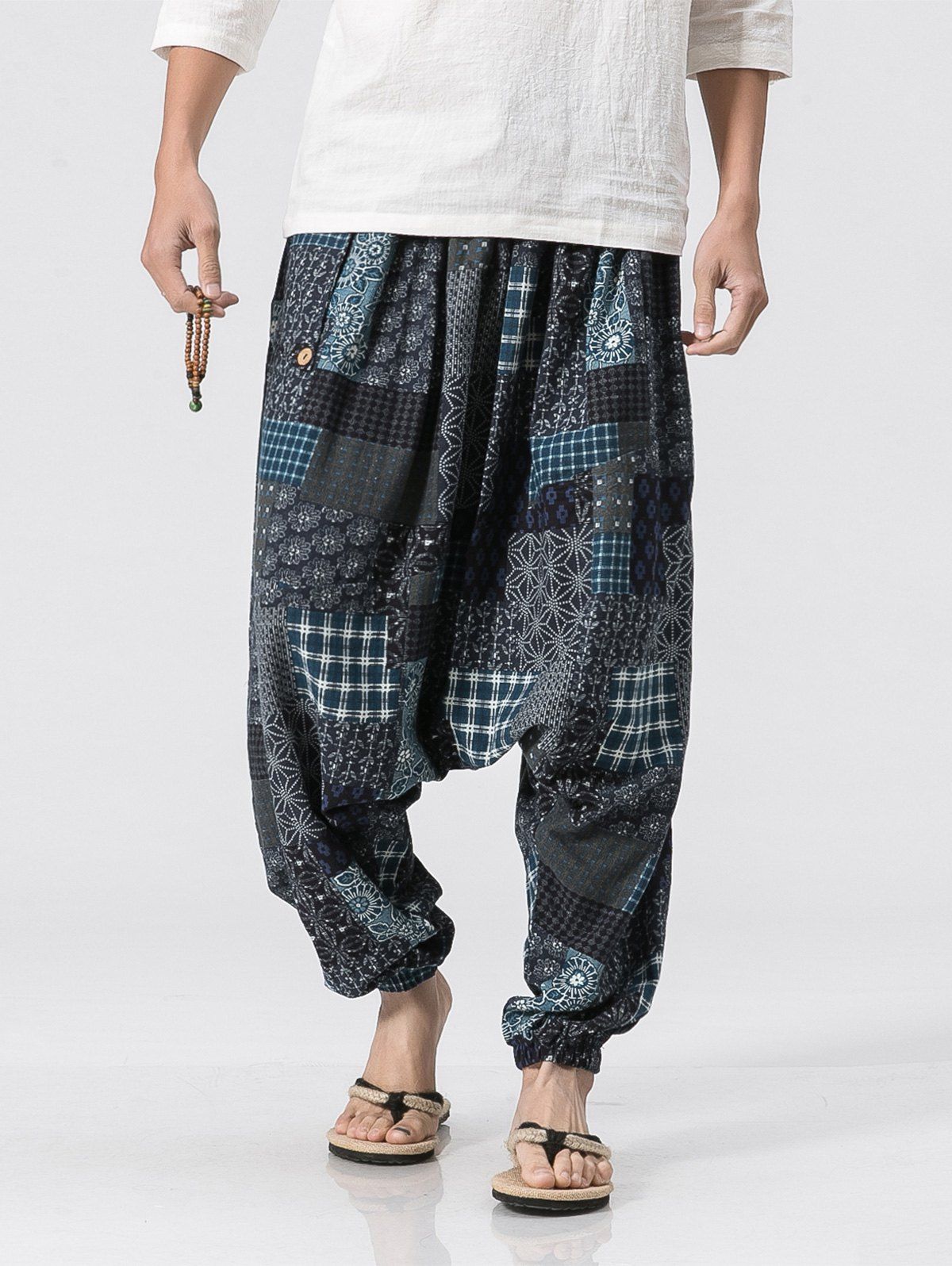 

Cotton Linen Panel Printed Jogger Pants, Blue gray