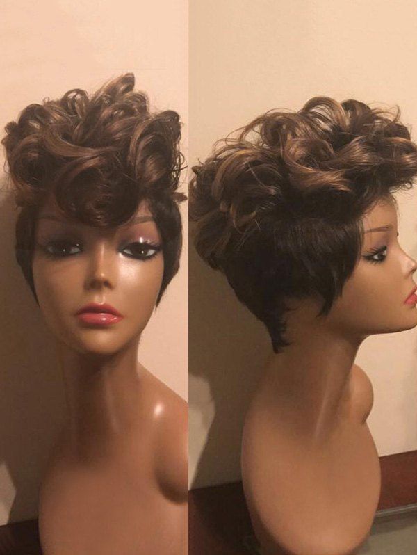 

Short Inclined Bang Two Tone Colormix Slightly Curly Synthetic Wig, Multi