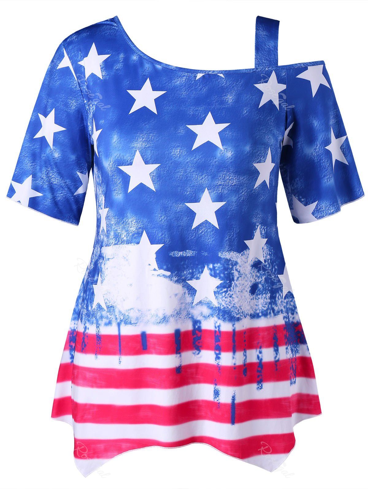 

Plus Size Skew Collar Patriotic T-shirt, Blue