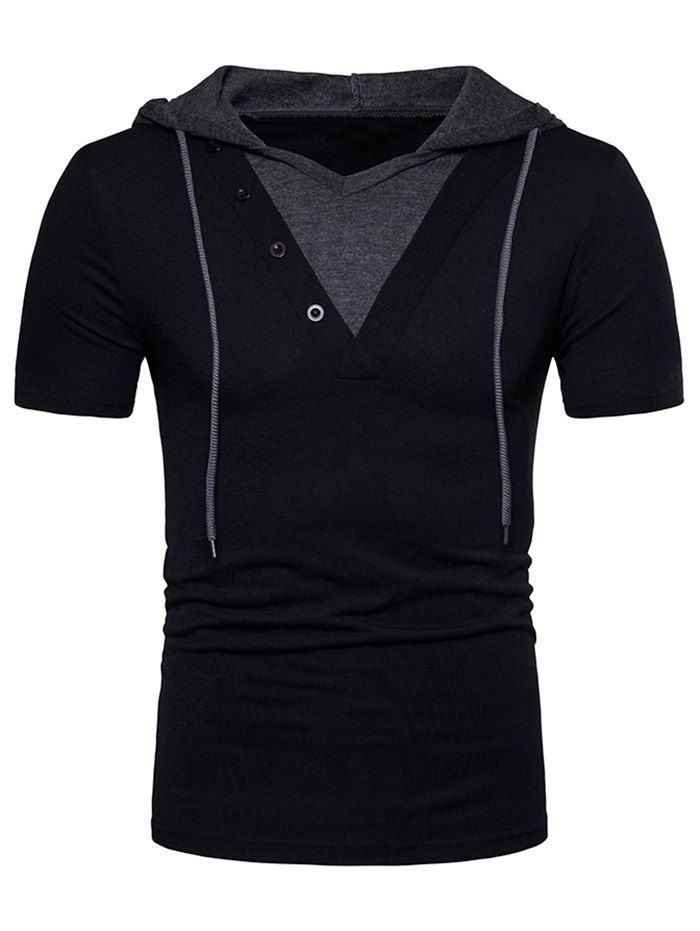 

V Neck Short Sleeve Casual Hoodie T-shirt, Black