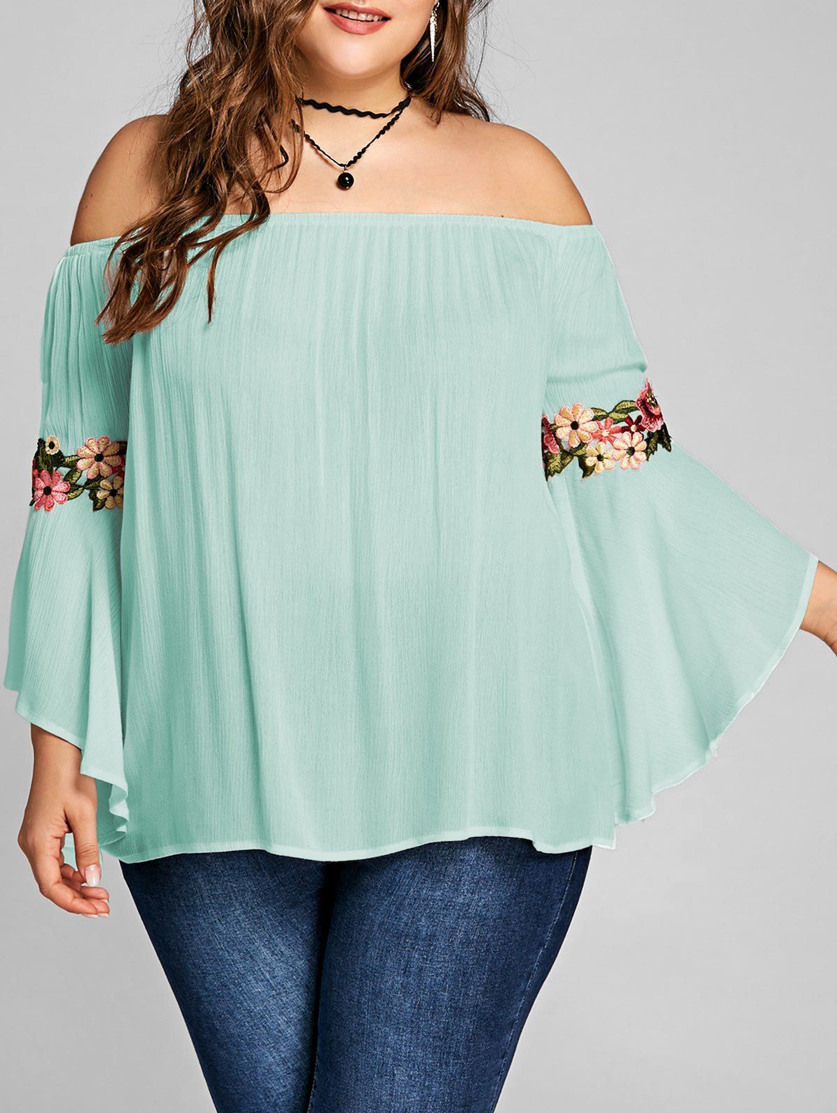 

Plus Size Off The Shoulder Embroidery Blouse, Light cyan