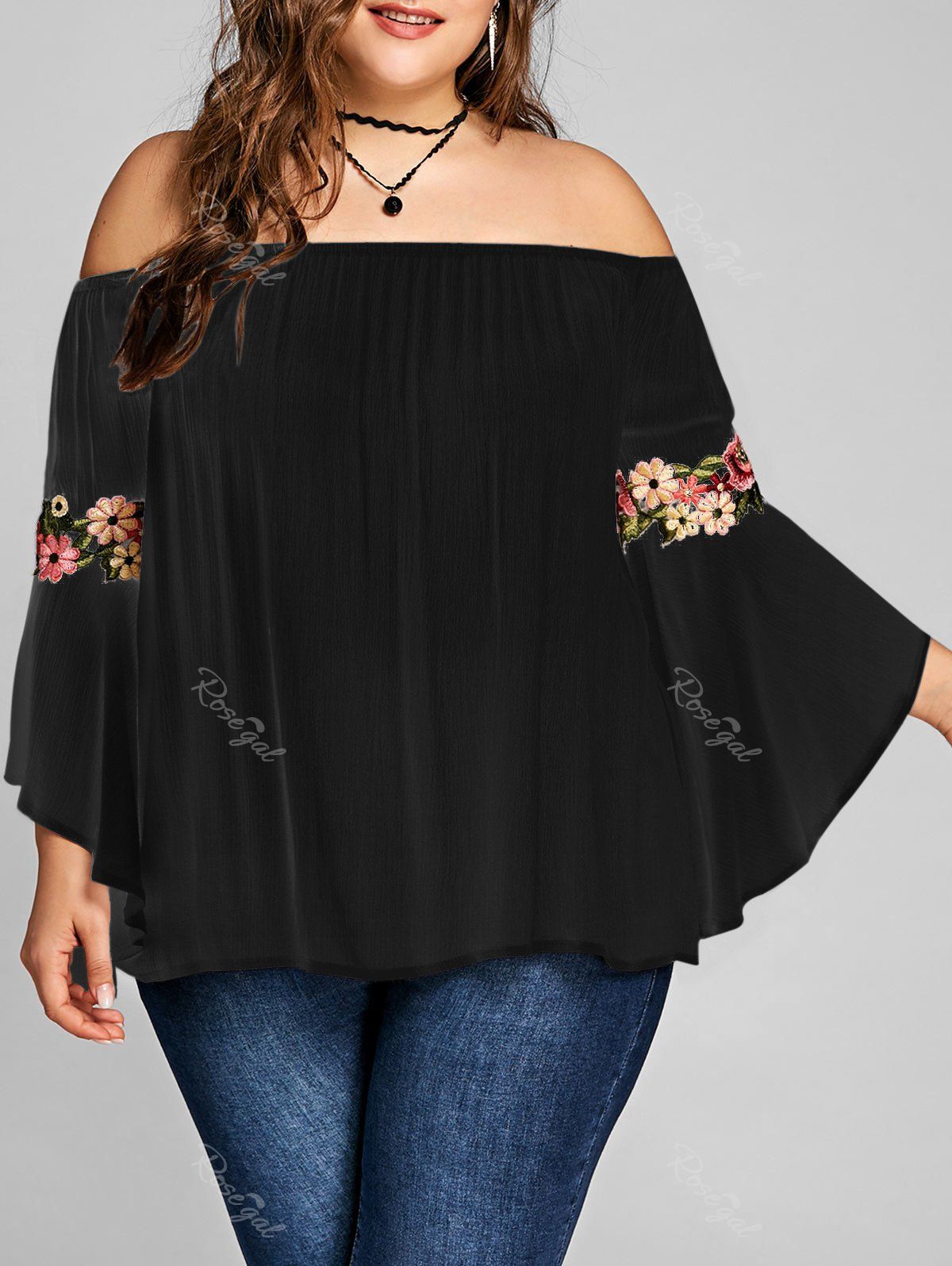 

Plus Size Off The Shoulder Embroidery Blouse, Black