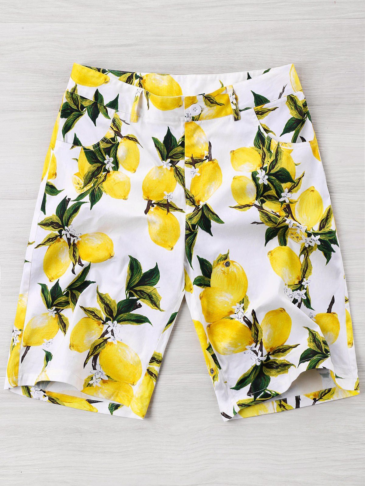 

Lemon Print High Waisted Beach Shorts, White