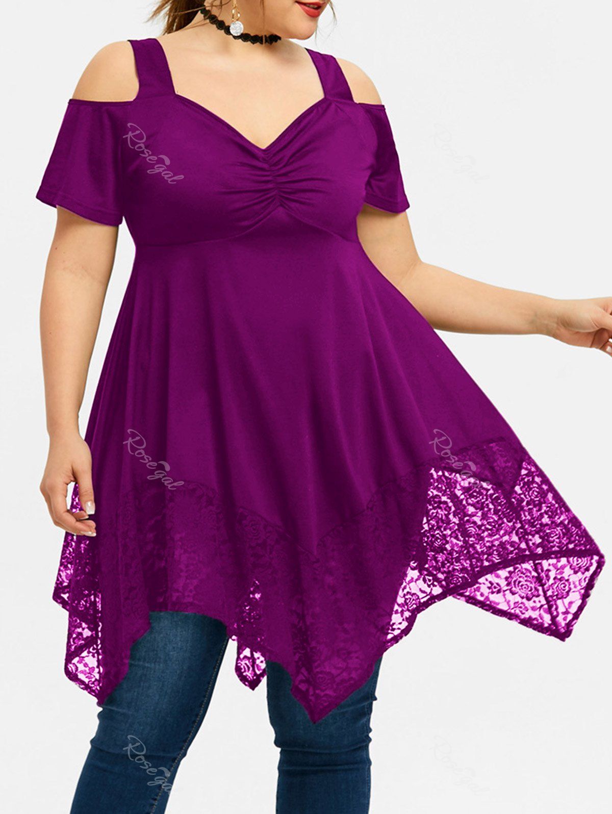

Plus Size Lace Open Shoulder Handkerchief Top, Dark orchid