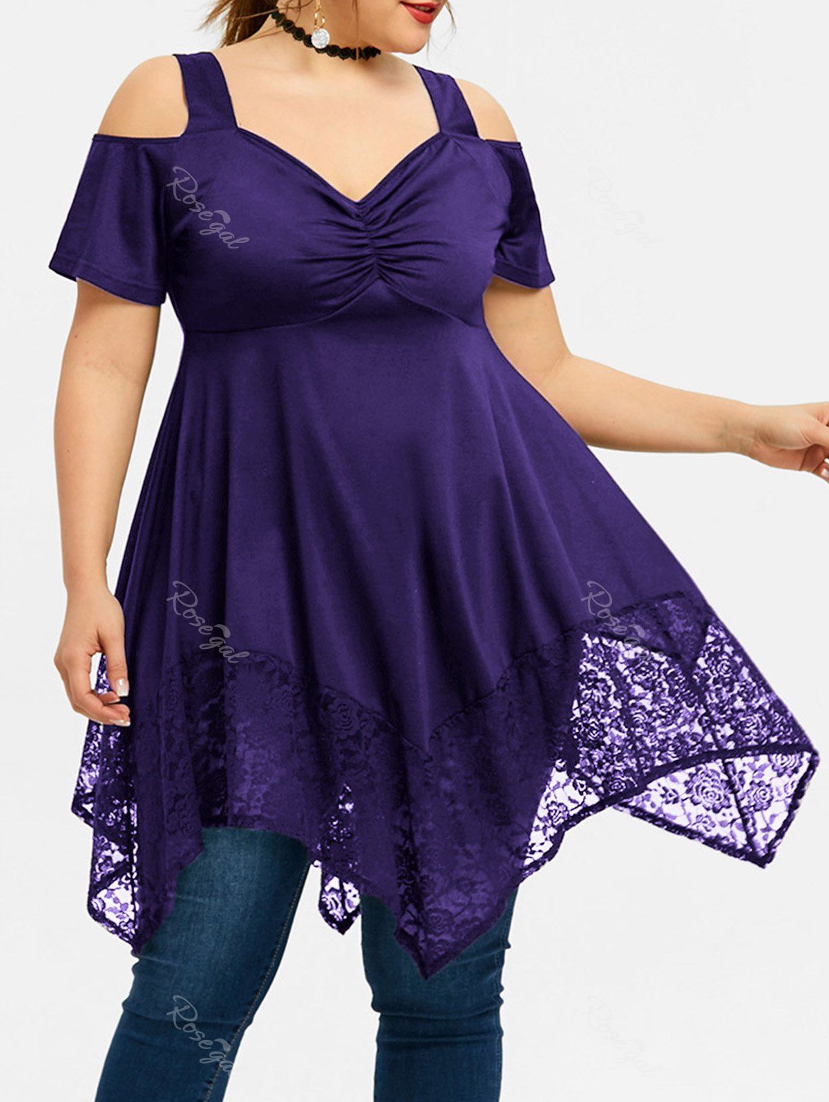 

Plus Size Lace Open Shoulder Handkerchief Top, Purple