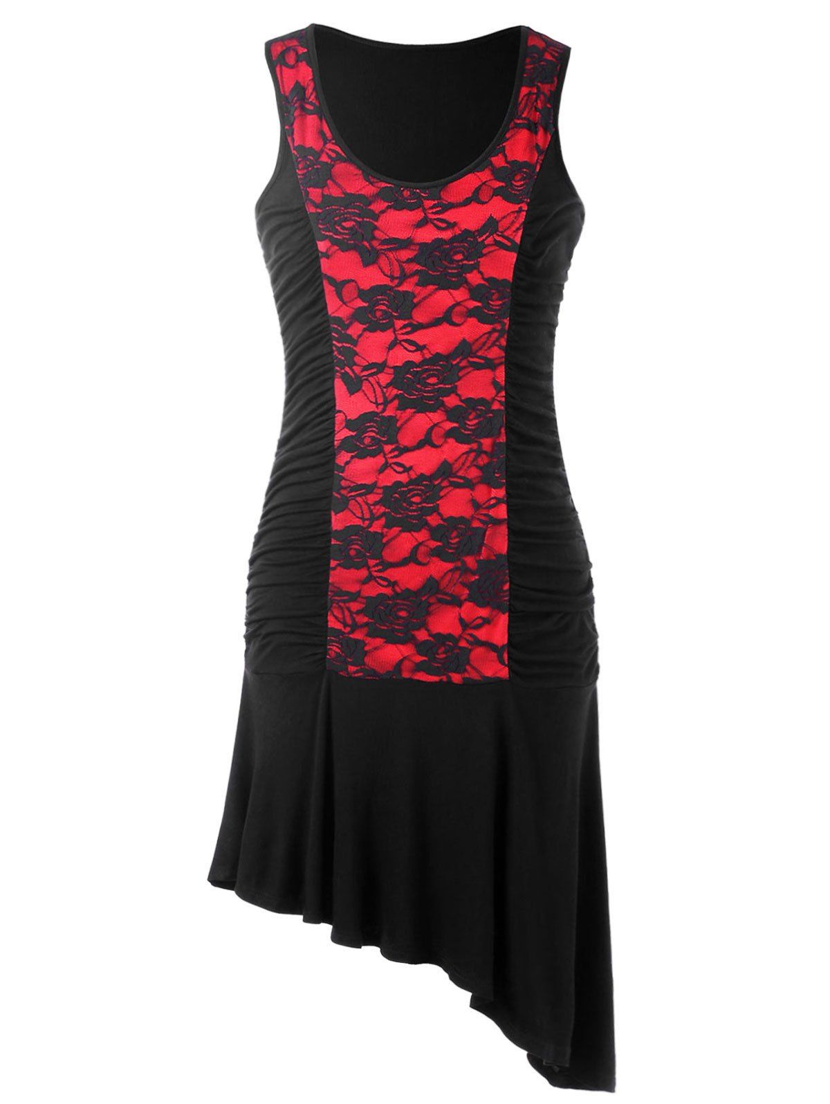 

Lace Trim Sleeveless Asymmetric Dress, Red with black