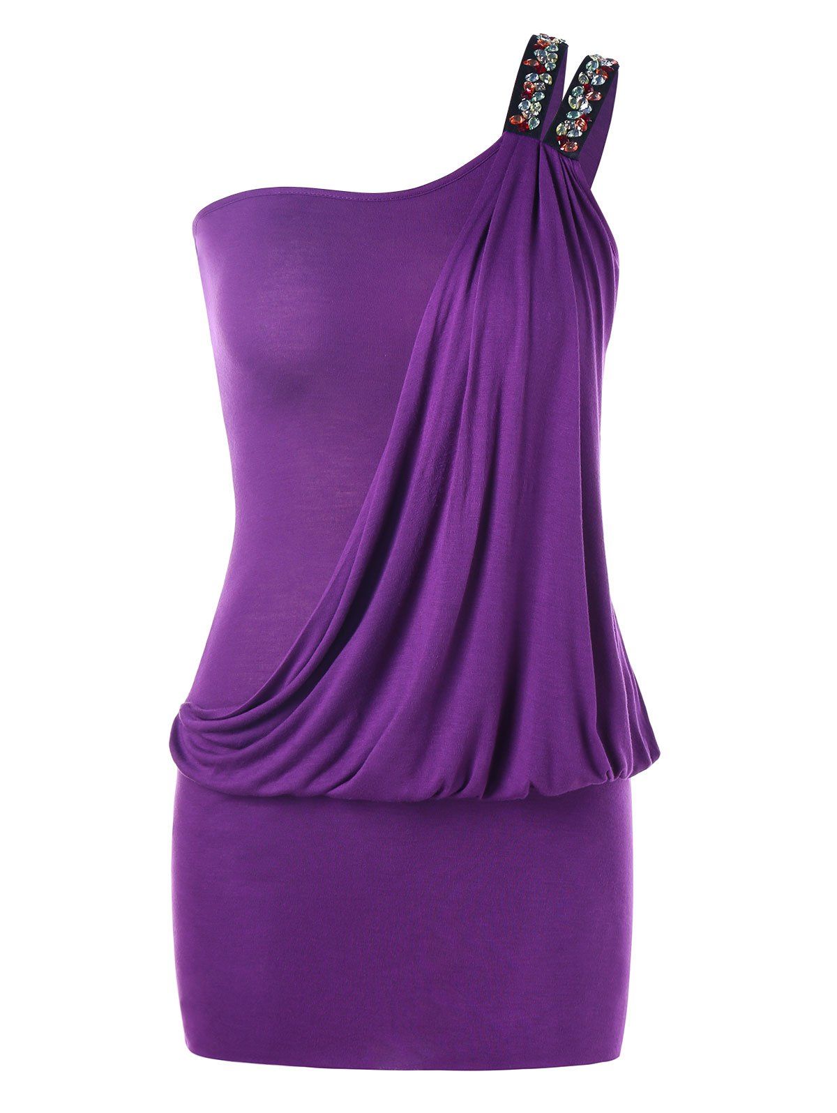 

Embellished One Shoulder Mini Blouson Dress, Purple