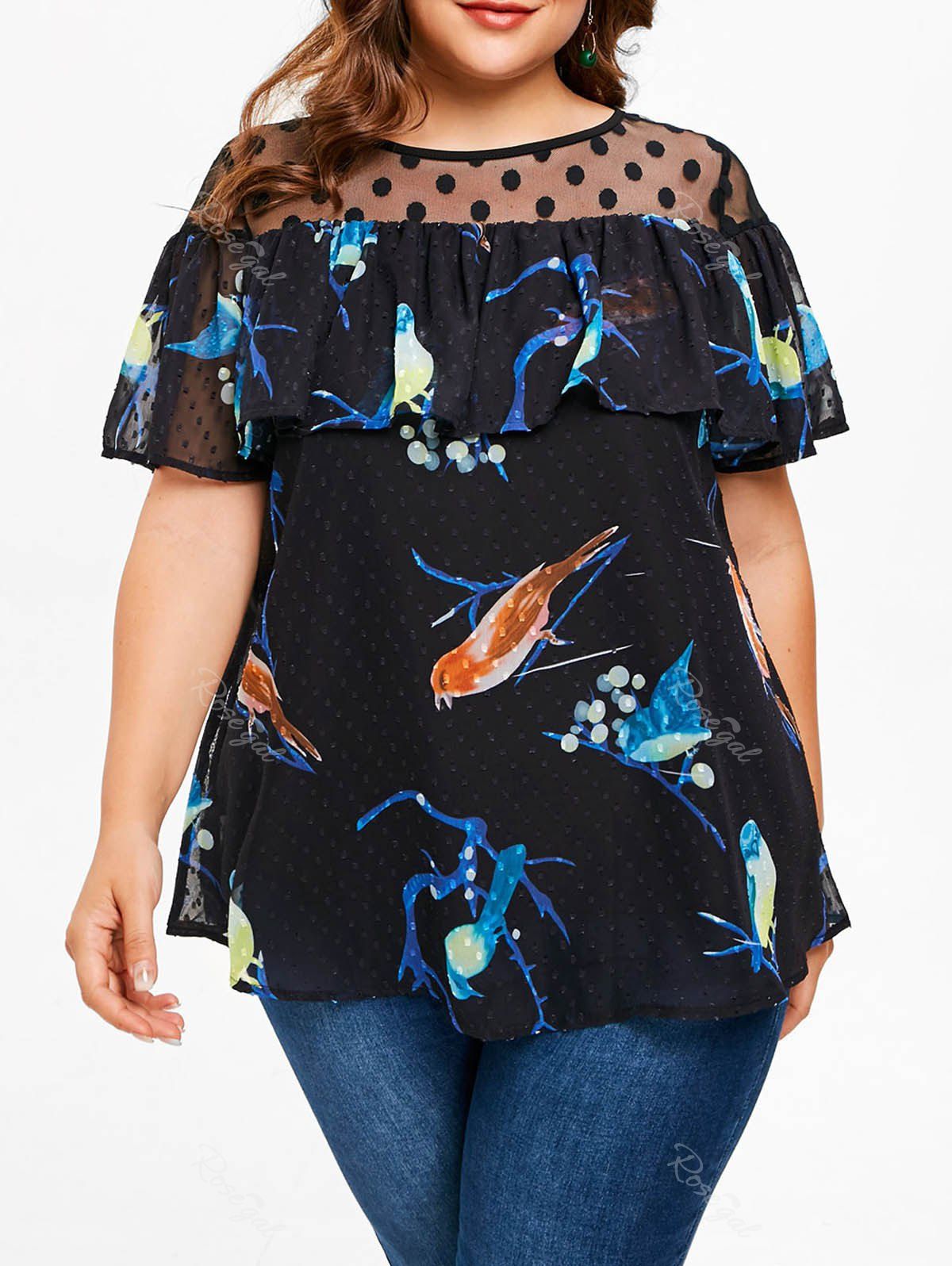 

Plus Size Birds Print Flounced Blouse, Black