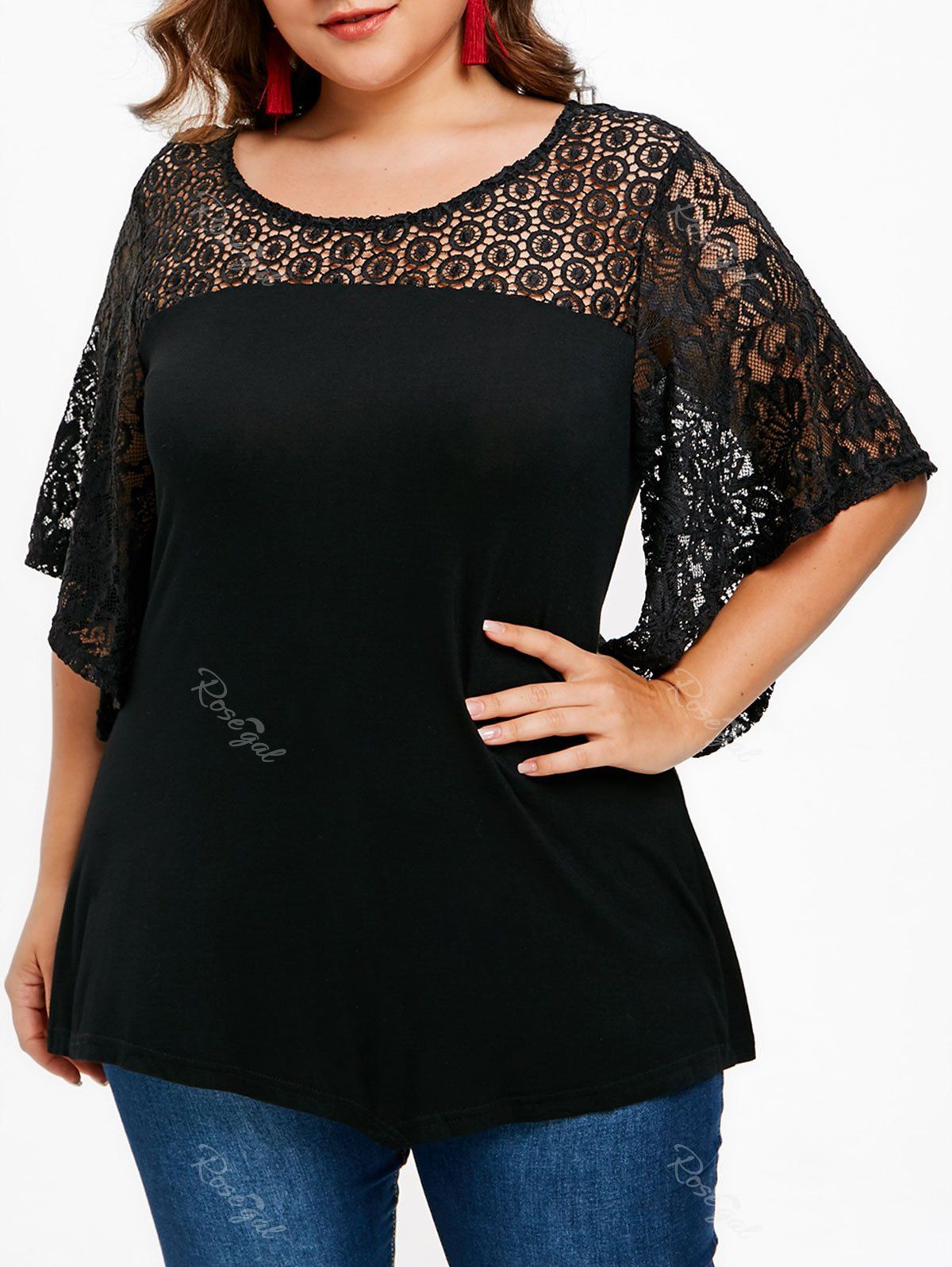 [31% OFF] Lace Butterfly Sleeve Plus Size T-shirt | Rosegal