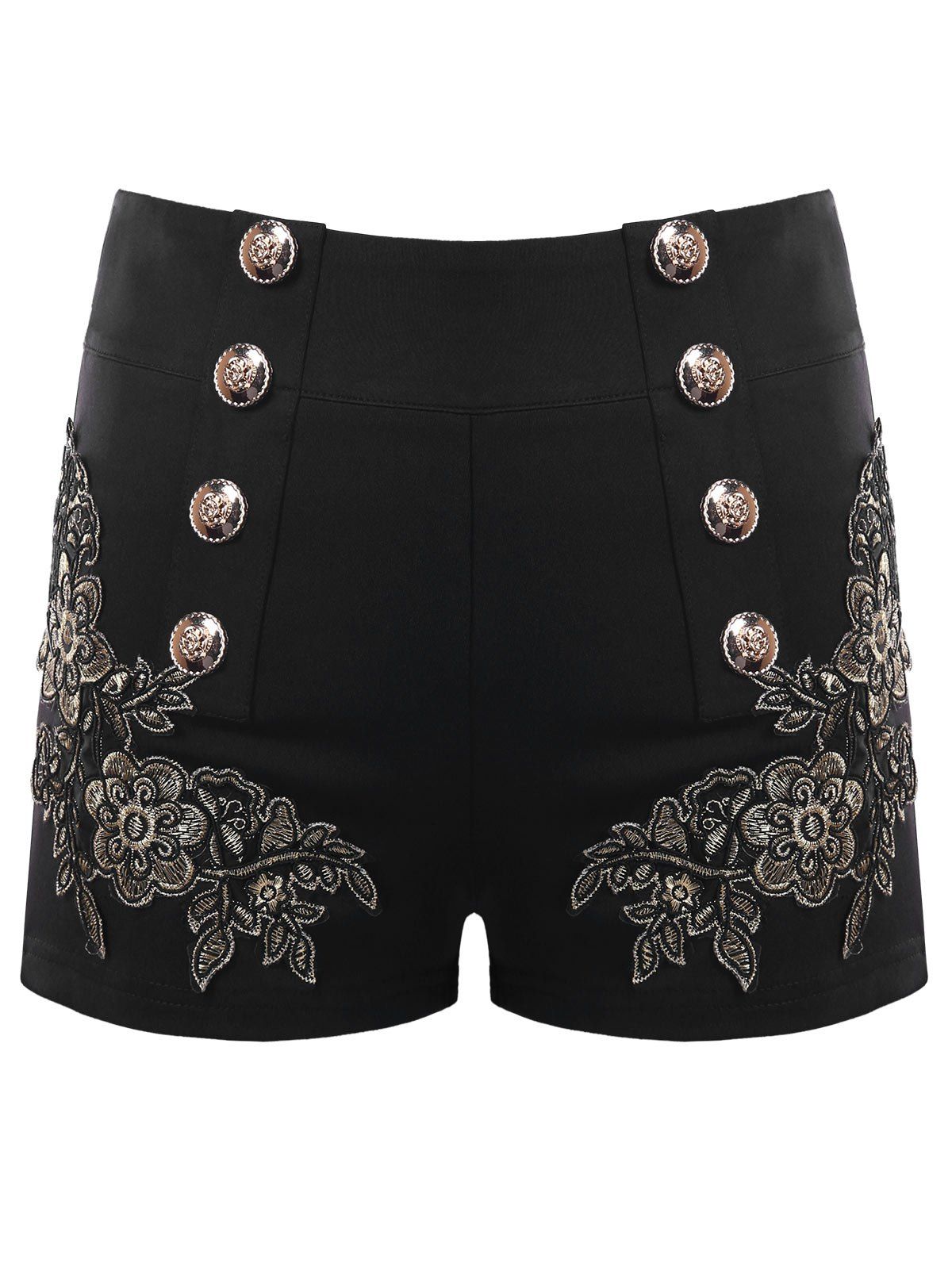 

Metal Button Embroidery Shorts, Black