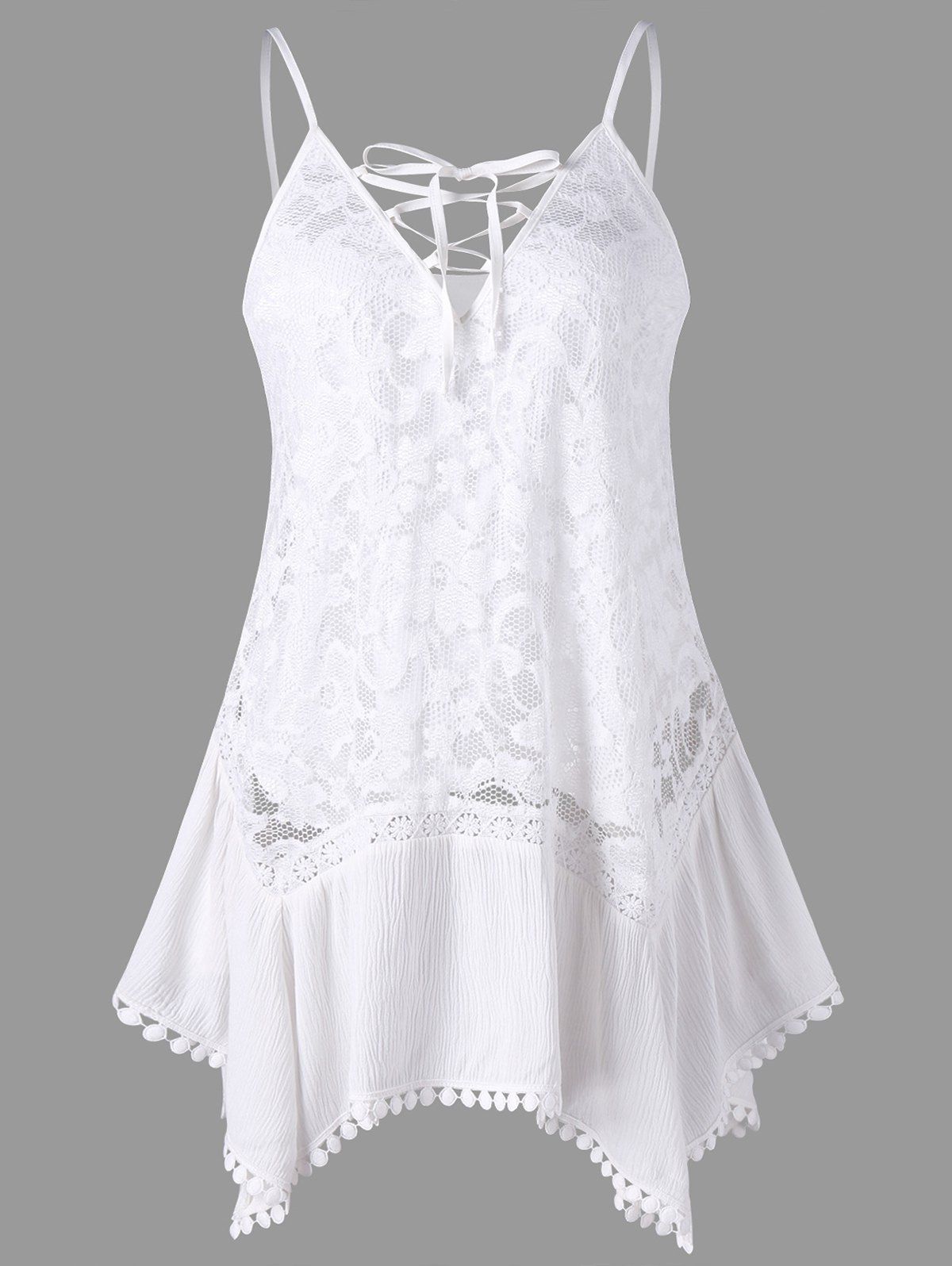 

Sheer Lace Insert Trapeze Tank Top, White