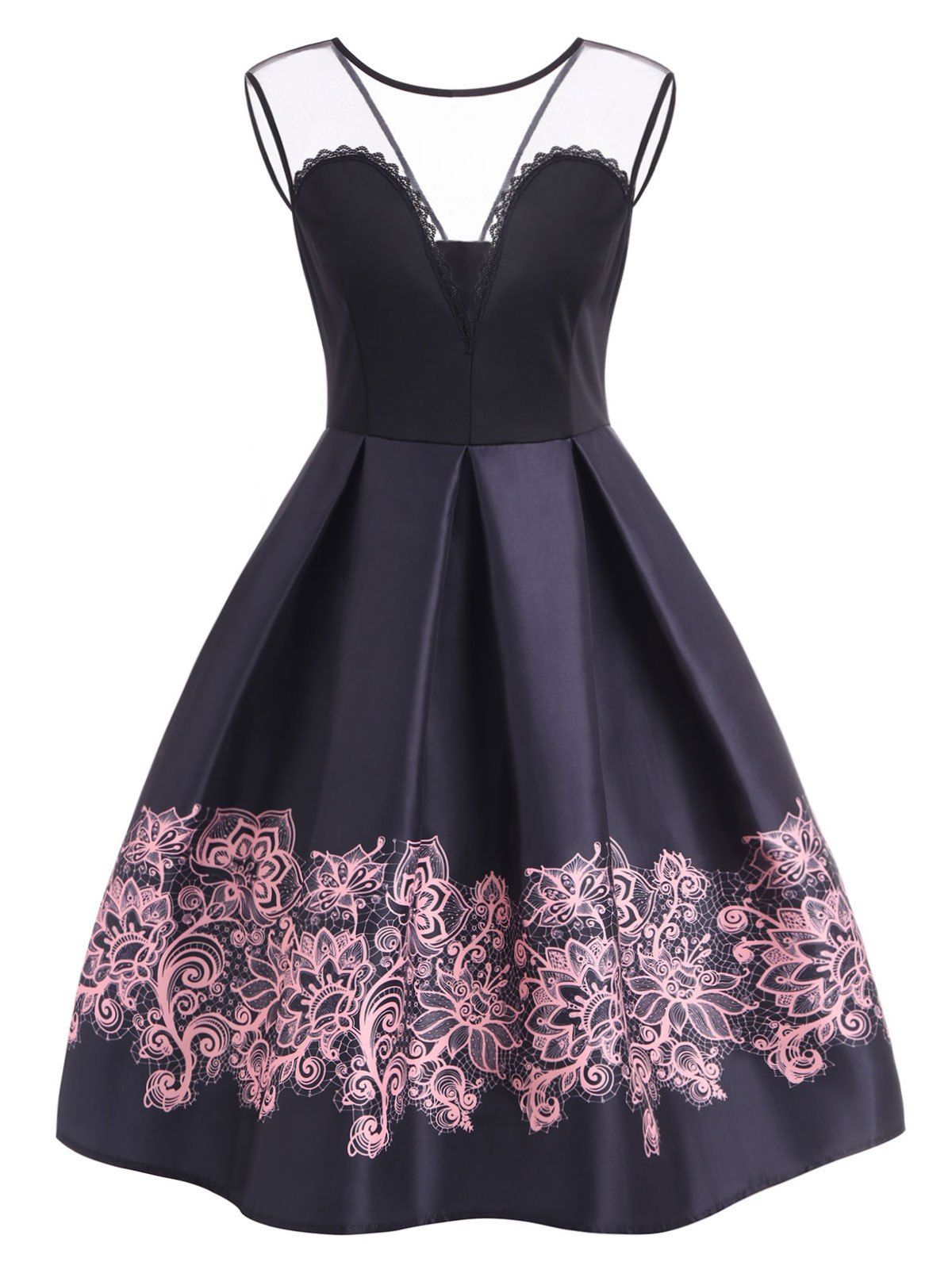

Vintage Flower Print A Line Dress, Black
