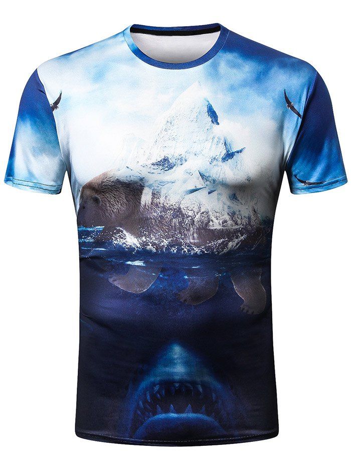 

Crew Neck 3D Shark Print T-shirt, Sapphire blue