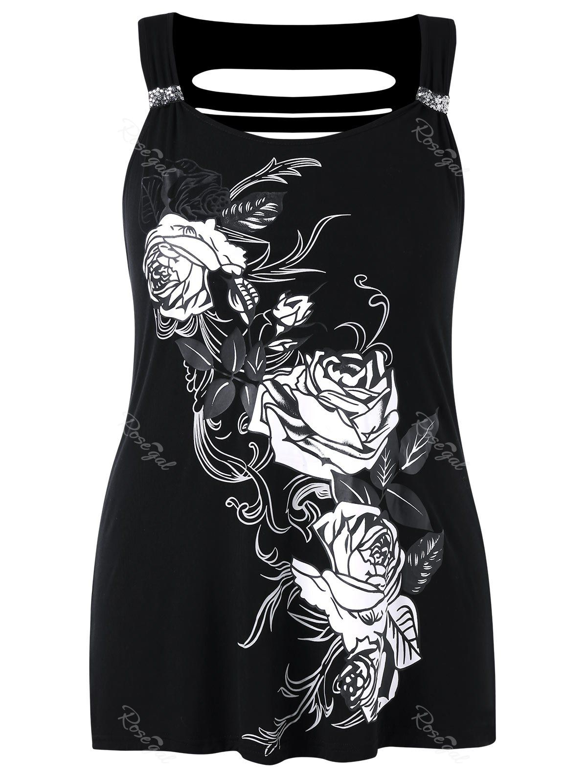 

Plus Size Rose Print Ripped Tank Top, Black