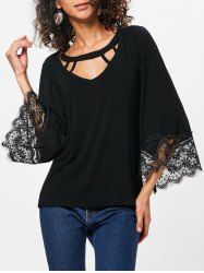 Lace Trim Flare Sleeve T-shirt -  