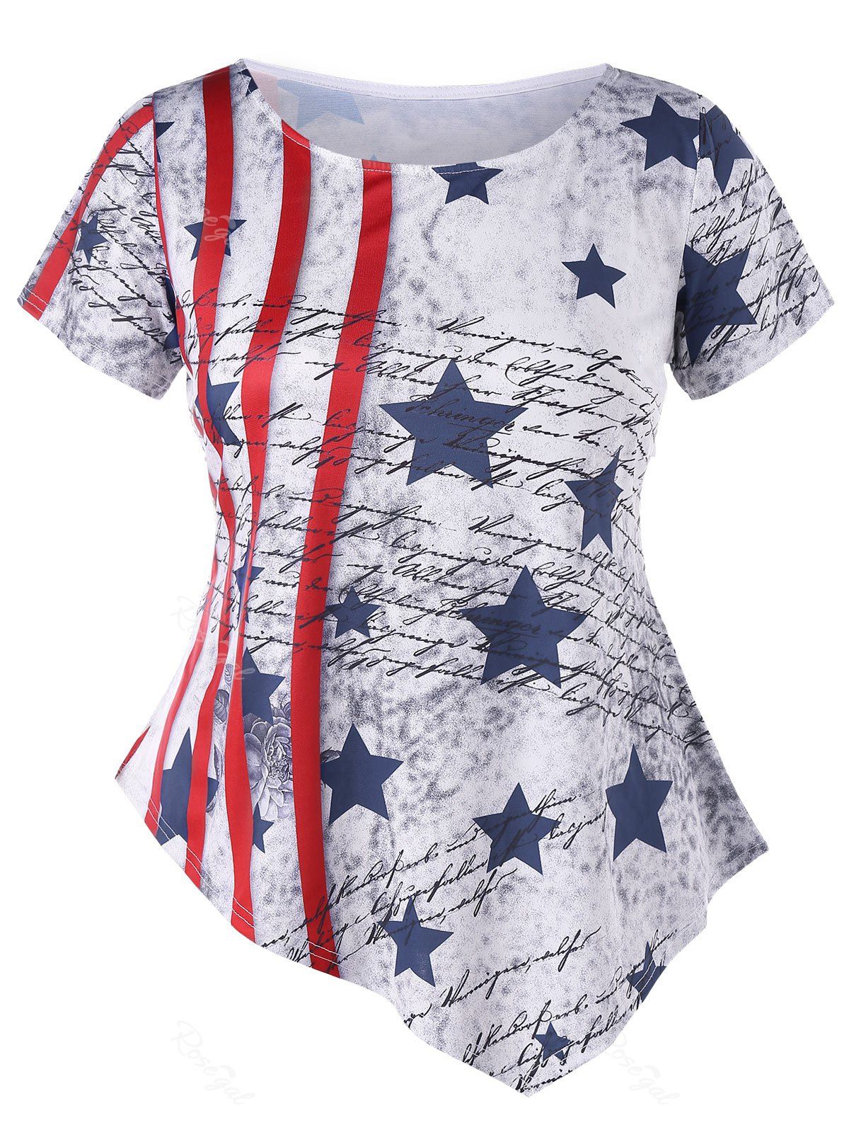 

American Flag Print Plus Size Asymmetric Tee, Light gray