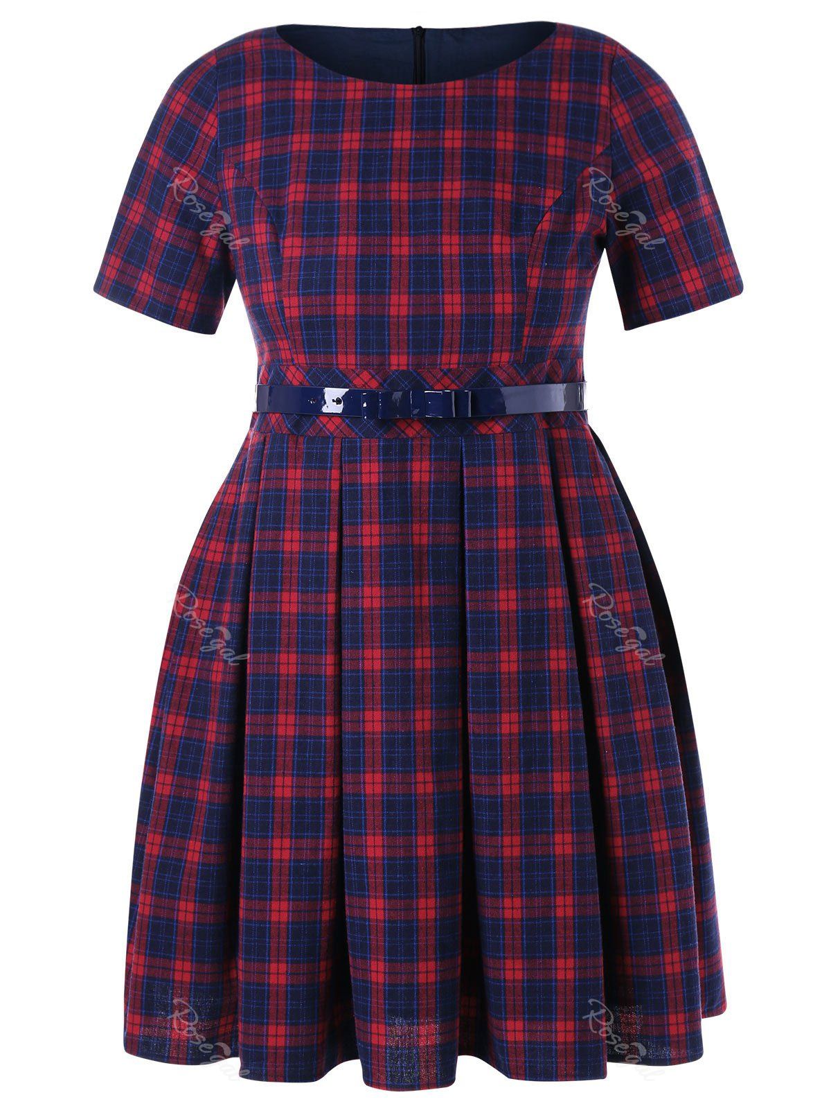 

Plaid Print Plus Size Fit and Flare Dress, Red