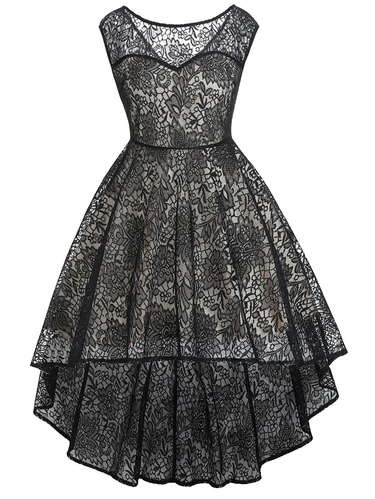 

High Waist Sleeveless Lace Dress, Black