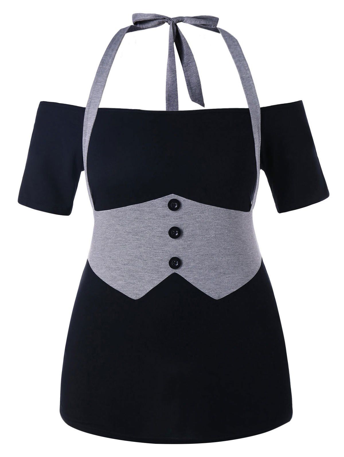 

Plus Size Tie Halter Neck T-shirt, Black and grey