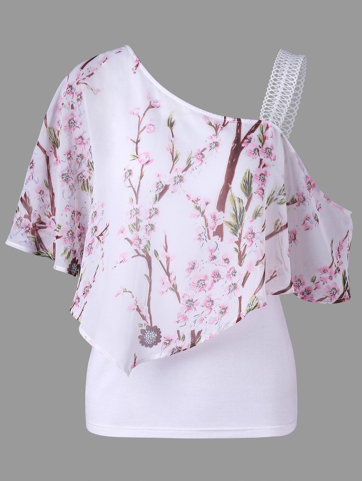 

Skew Neck Floral Ruffled Blouse, White