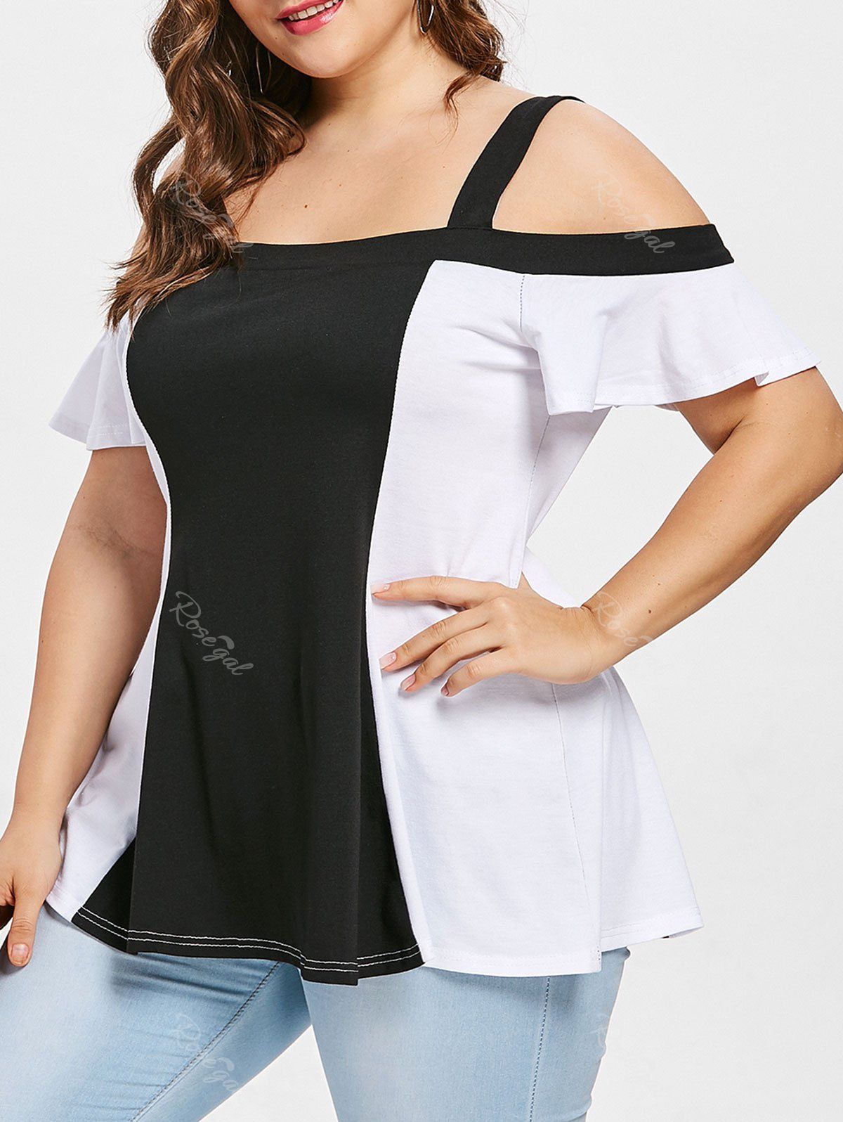 

Cold Shoulder Plus Size Color Block T-shirt, White