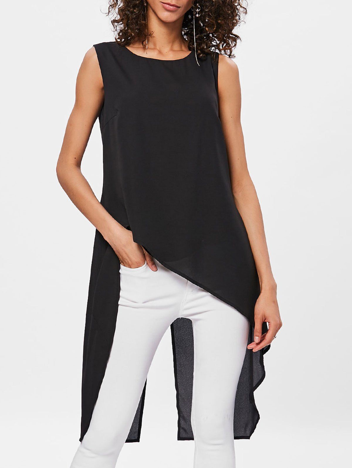 

High Low Back Slit Chiffon Tunic Blouse, Black