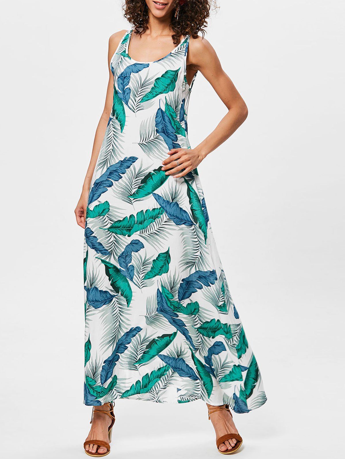 

Leaves Print Backless Long Trapeze Dress, Blue hosta