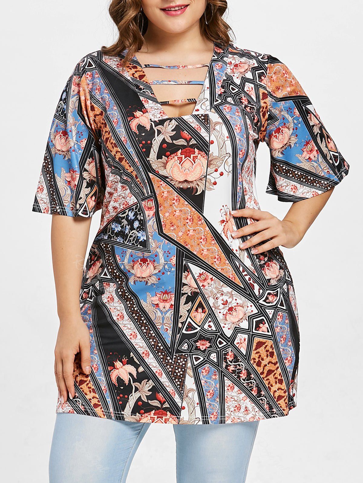 

Ladder Cut Out Plus Size Printed T-shirt, Multi-a