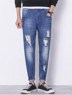 Panel Bleached Broken Hole Zip Fly Jeans - SAPPHIRE BLUE - S
