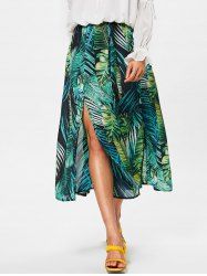 High Rise High Split Leaf Print Chiffon Skirt -  