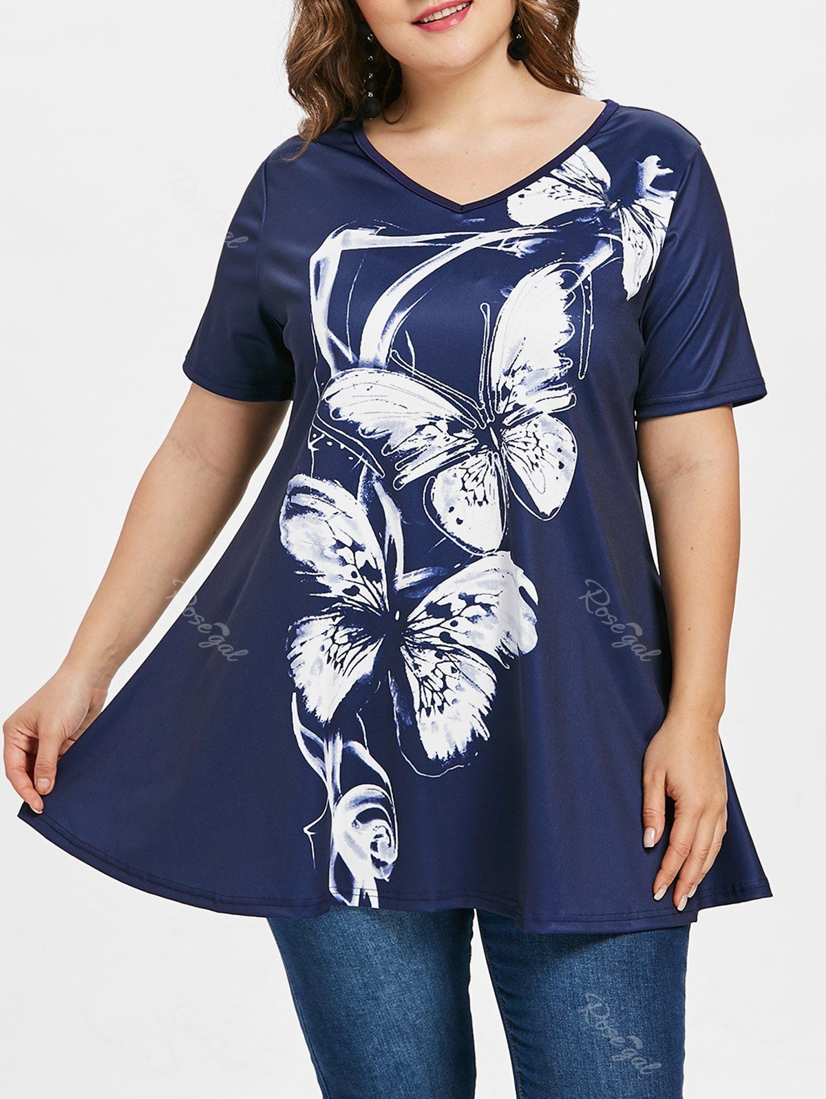 

Butterfly Print Plus Size V Neck T-shirt, Denim dark blue