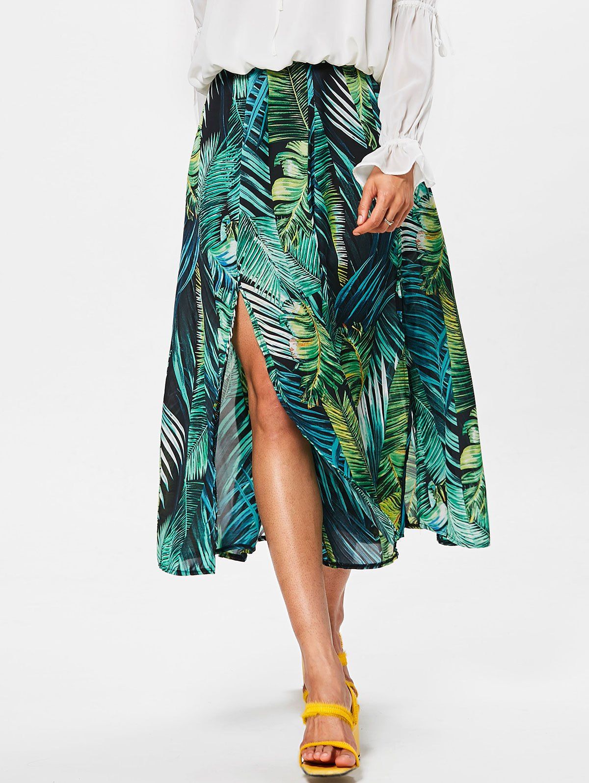 Unique High Rise High Split Leaf Print Chiffon Skirt  